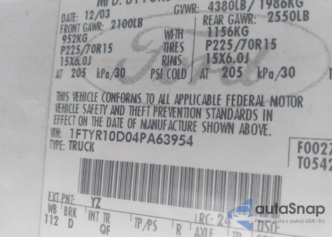 2004 Ford Ranger Xl/Xlt z USA, uszkodzony, nr VIN 1FTYR10D04PA63954